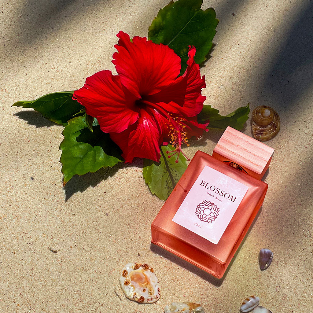 Blossom hair and body perfume by Khalifi Perfumes on sand with red flower and shells next to it